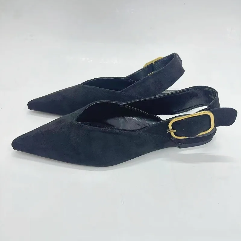 Pointed Toe Women Slingback Flats Back Strap High Quality Faux Suede Designer Brand Casual Daily Retro Female Roman Shoes
