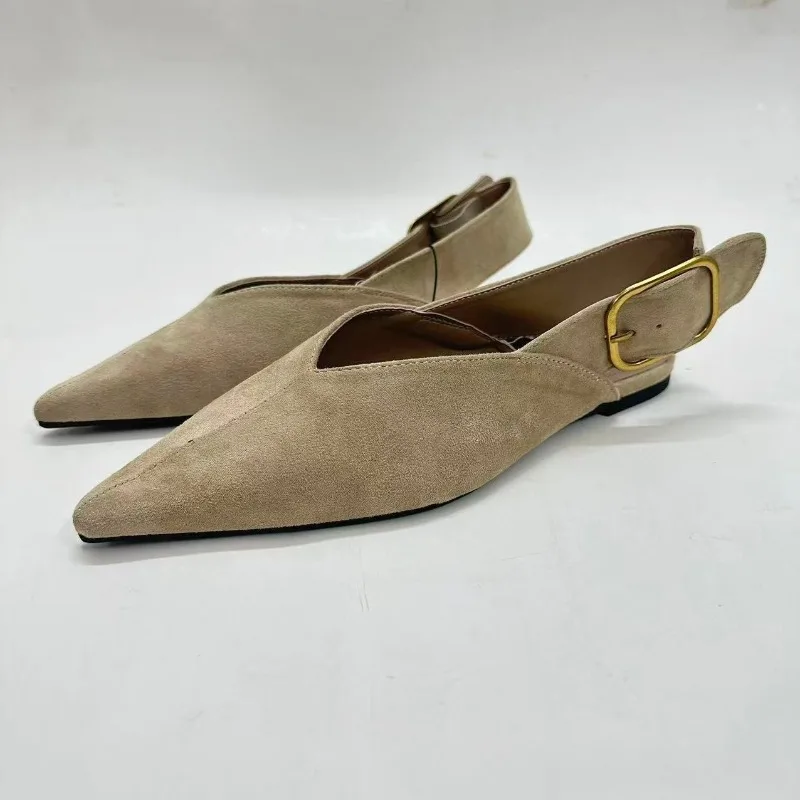 Pointed Toe Women Slingback Flats Back Strap High Quality Faux Suede Designer Brand Casual Daily Retro Female Roman Shoes
