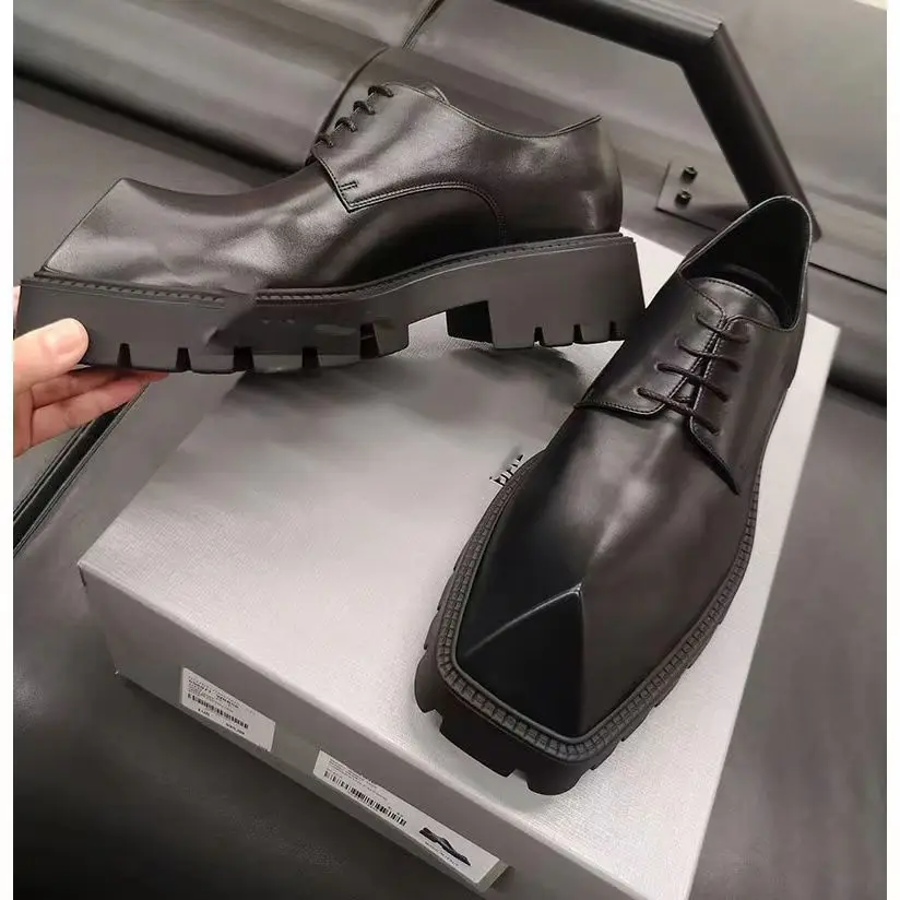 2025 Men's Big Head Leather Niche Design Casual Platform Rhino Horn Square Single Sneakers Derby Shoes