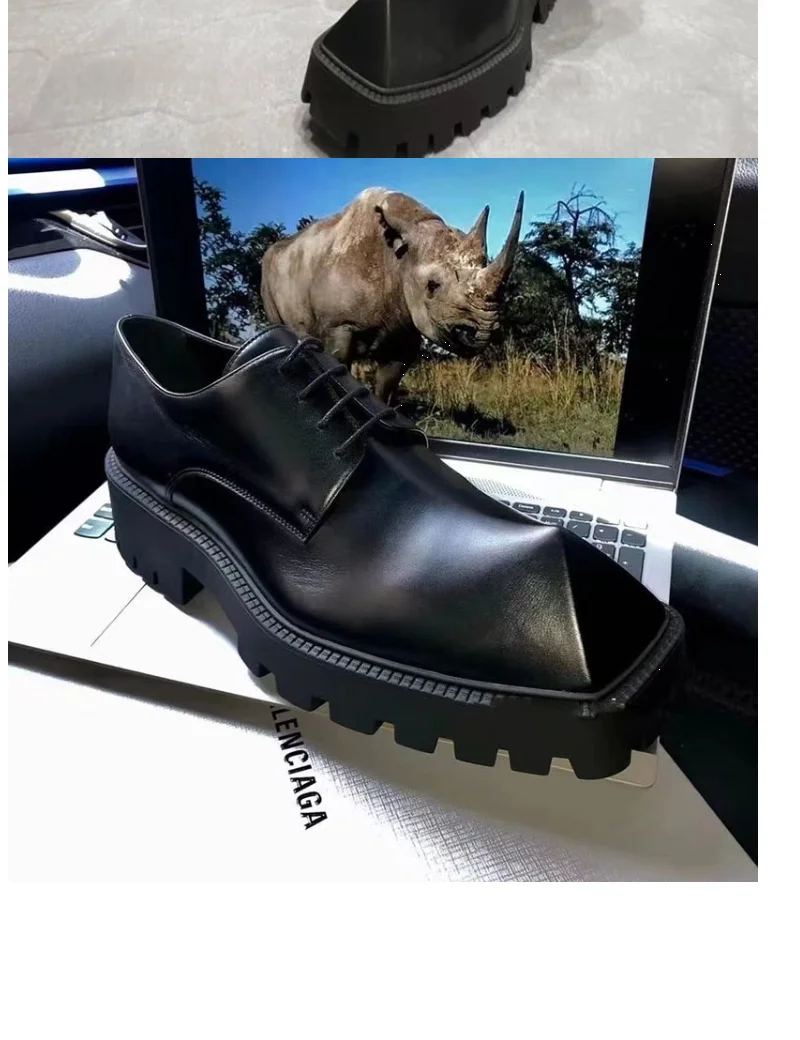 2025 Men's Big Head Leather Niche Design Casual Platform Rhino Horn Square Single Sneakers Derby Shoes