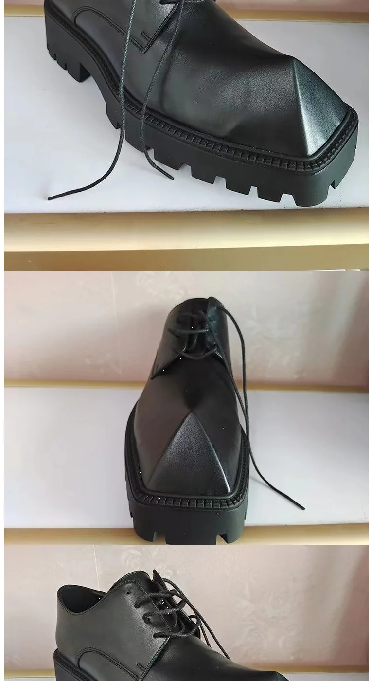 2025 Men's Big Head Leather Niche Design Casual Platform Rhino Horn Square Single Sneakers Derby Shoes