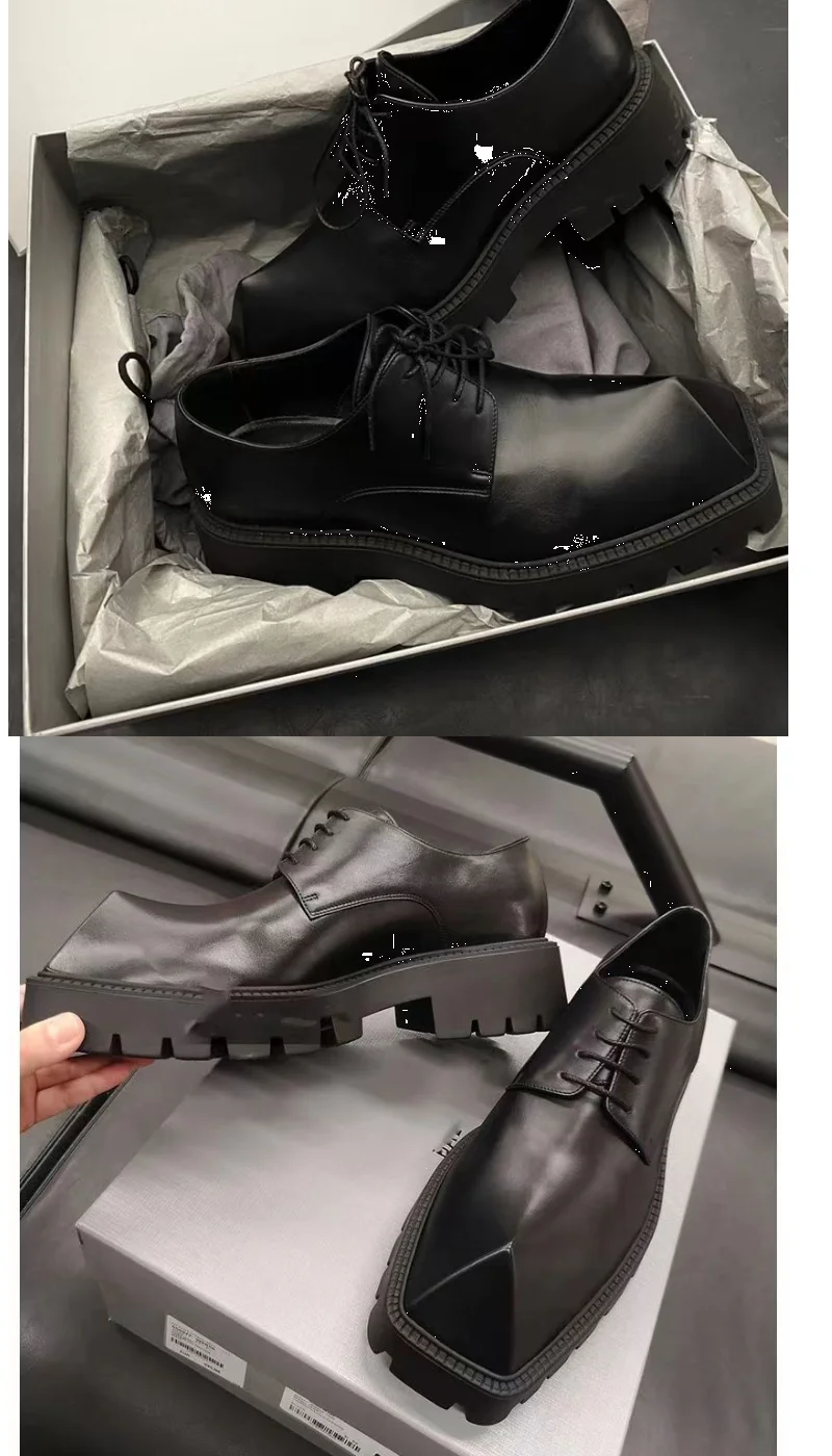 2025 Men's Big Head Leather Niche Design Casual Platform Rhino Horn Square Single Sneakers Derby Shoes