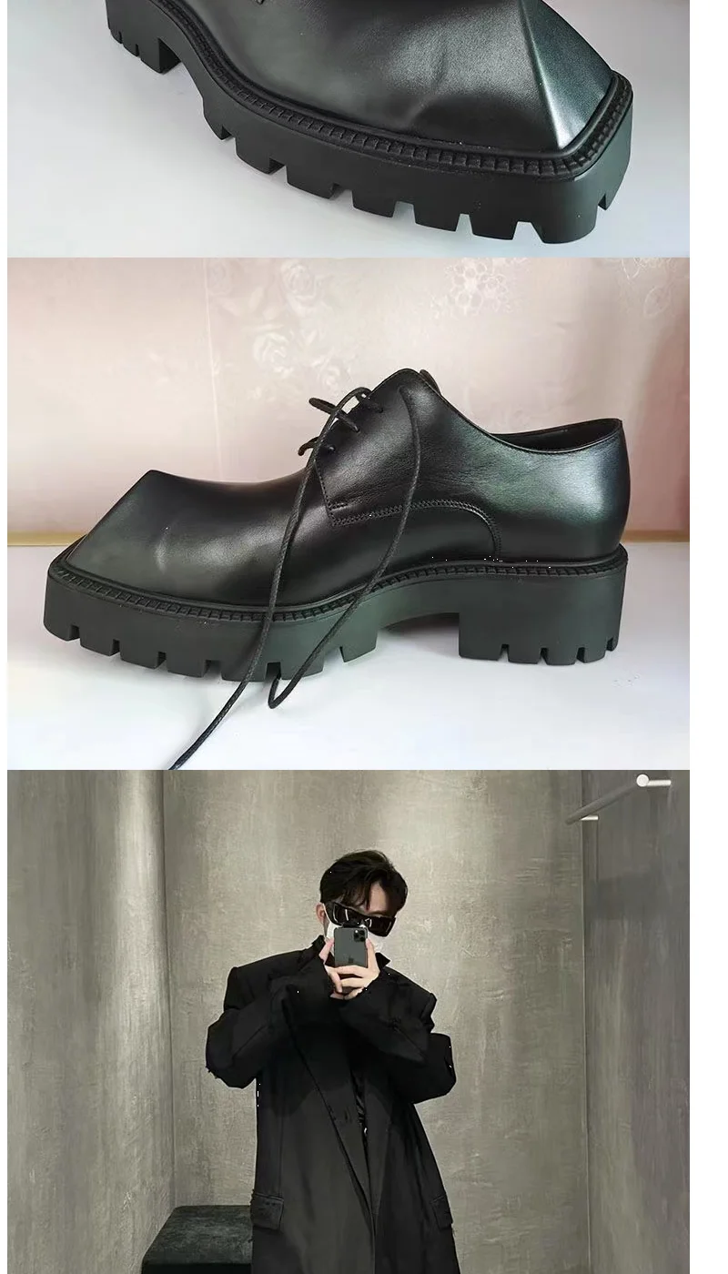 2025 Men's Big Head Leather Niche Design Casual Platform Rhino Horn Square Single Sneakers Derby Shoes