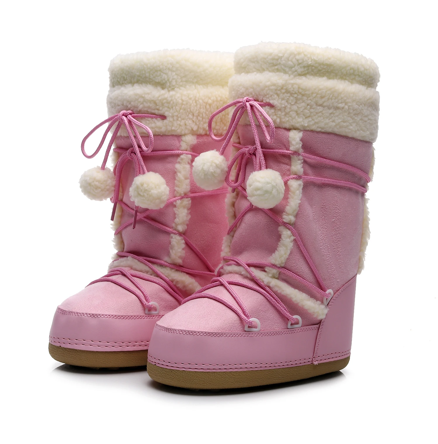 White Winter Boots Women Snow Boots Thick Sole Ski Boots Warm Mid-calf Platform Boots Slip-resistant Cotton Shoes Pink color