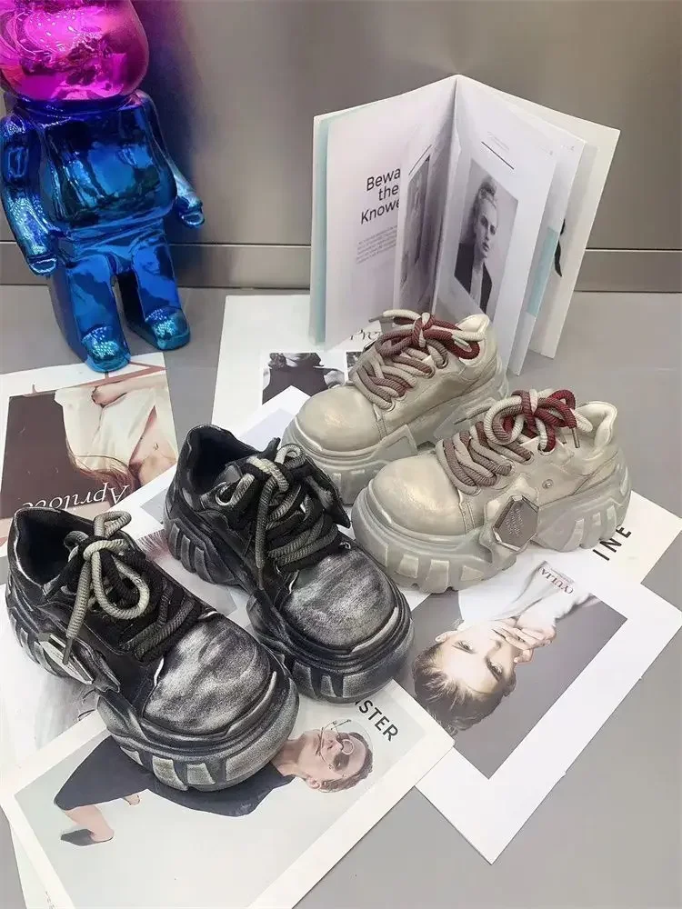 2025 Women Small Man Height Increase New Polished Leather Lace-up Muffin Bottom Thick Sole Low Top Versatile Casual Dad Shoes