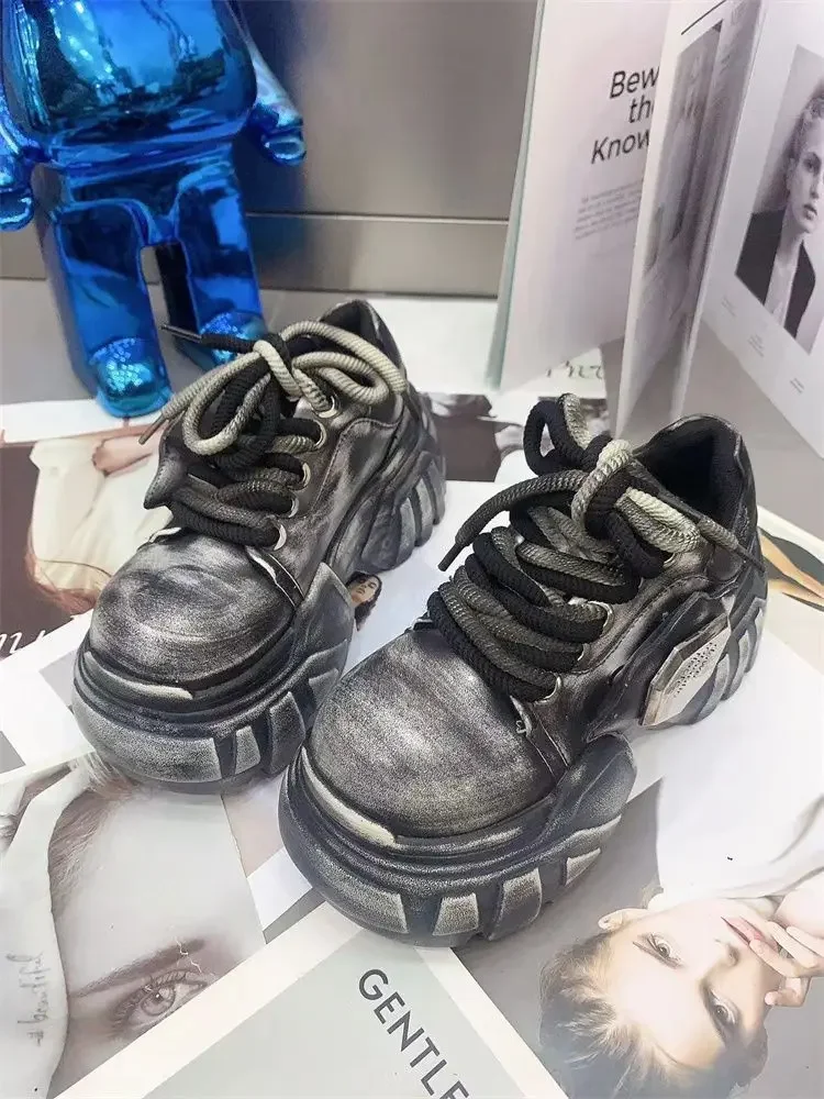 2025 Women Small Man Height Increase New Polished Leather Lace-up Muffin Bottom Thick Sole Low Top Versatile Casual Dad Shoes