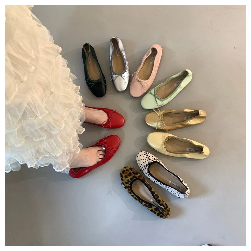 2026 Spring Round Toe Flat Casual Shoes Women Flats Ballet Female Ballerina Soft Moccasins Female Bow Knot Shallow Classic Mujer