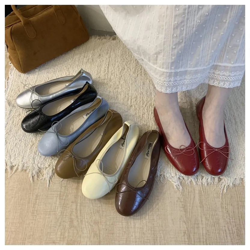2026 Spring Round Toe Flat Casual Shoes Women Flats Ballet Female Ballerina Soft Moccasins Female Bow Knot Shallow Classic Mujer