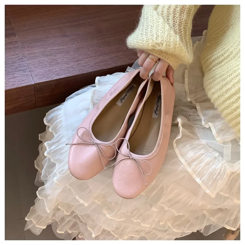 2026 Spring Round Toe Flat Casual Shoes Women Flats Ballet Female Ballerina Soft Moccasins Female Bow Knot Shallow Classic Mujer