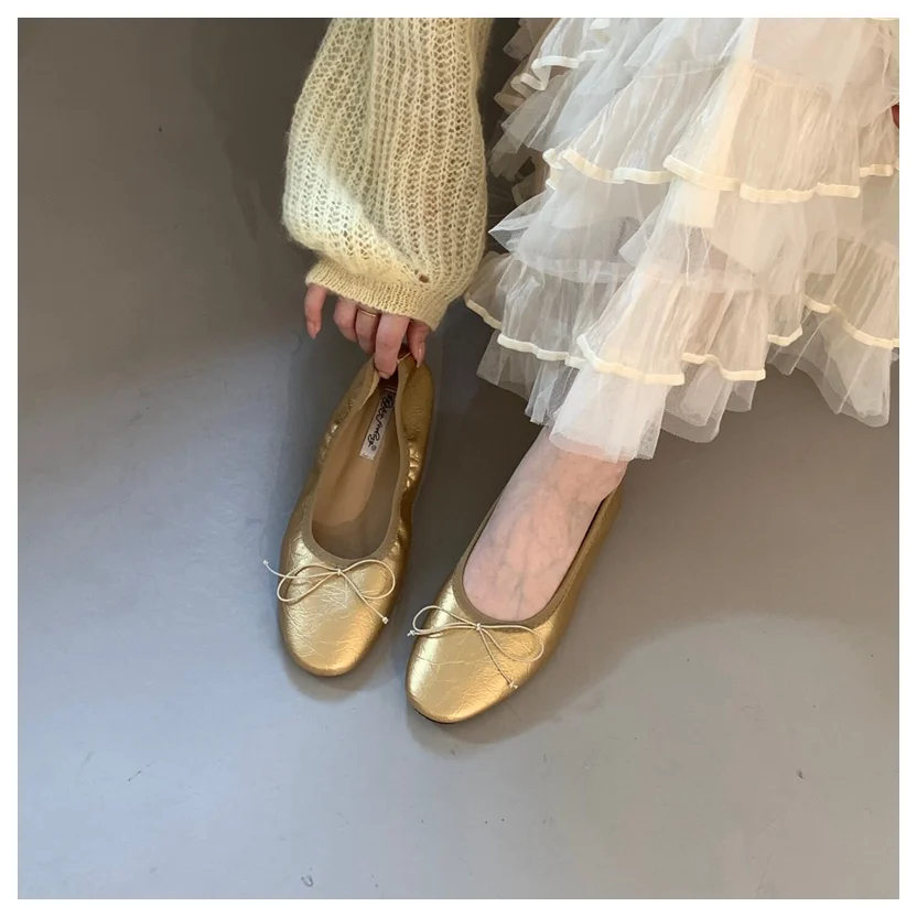 2026 Spring Round Toe Flat Casual Shoes Women Flats Ballet Female Ballerina Soft Moccasins Female Bow Knot Shallow Classic Mujer