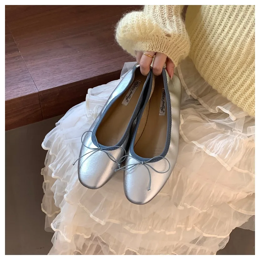 2026 Spring Round Toe Flat Casual Shoes Women Flats Ballet Female Ballerina Soft Moccasins Female Bow Knot Shallow Classic Mujer
