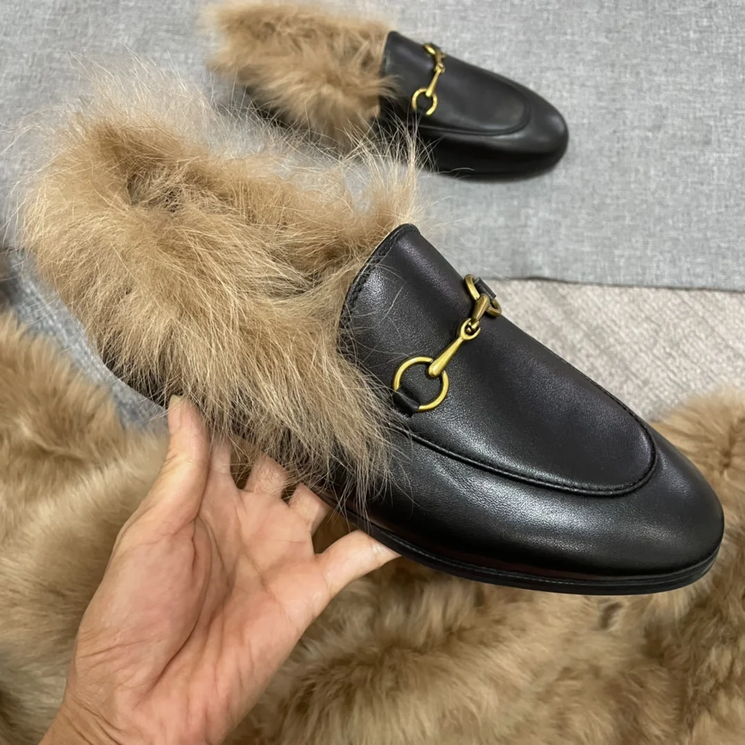 2024 New Summer Round Head Half Slippers Women's Cowhide Fashion INS Casual Lazy Flat Bottom Slippers Wool Breathable Sandals