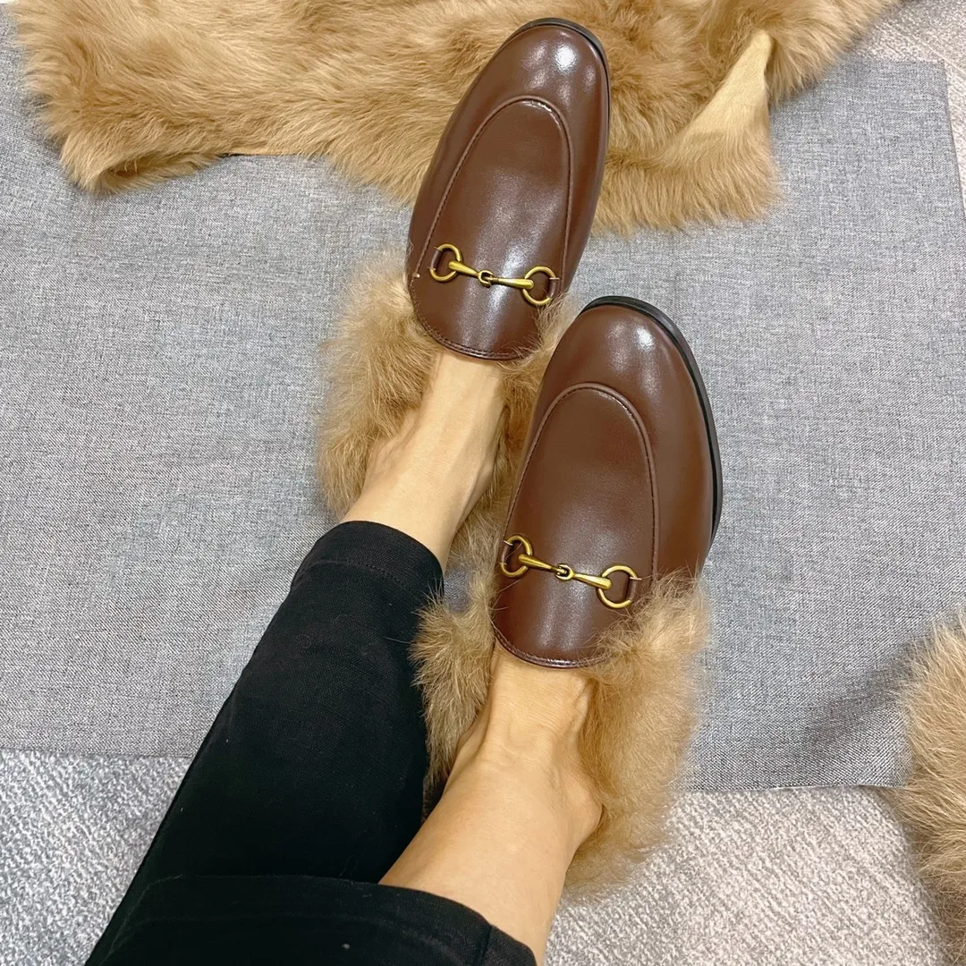 2024 New Summer Round Head Half Slippers Women's Cowhide Fashion INS Casual Lazy Flat Bottom Slippers Wool Breathable Sandals