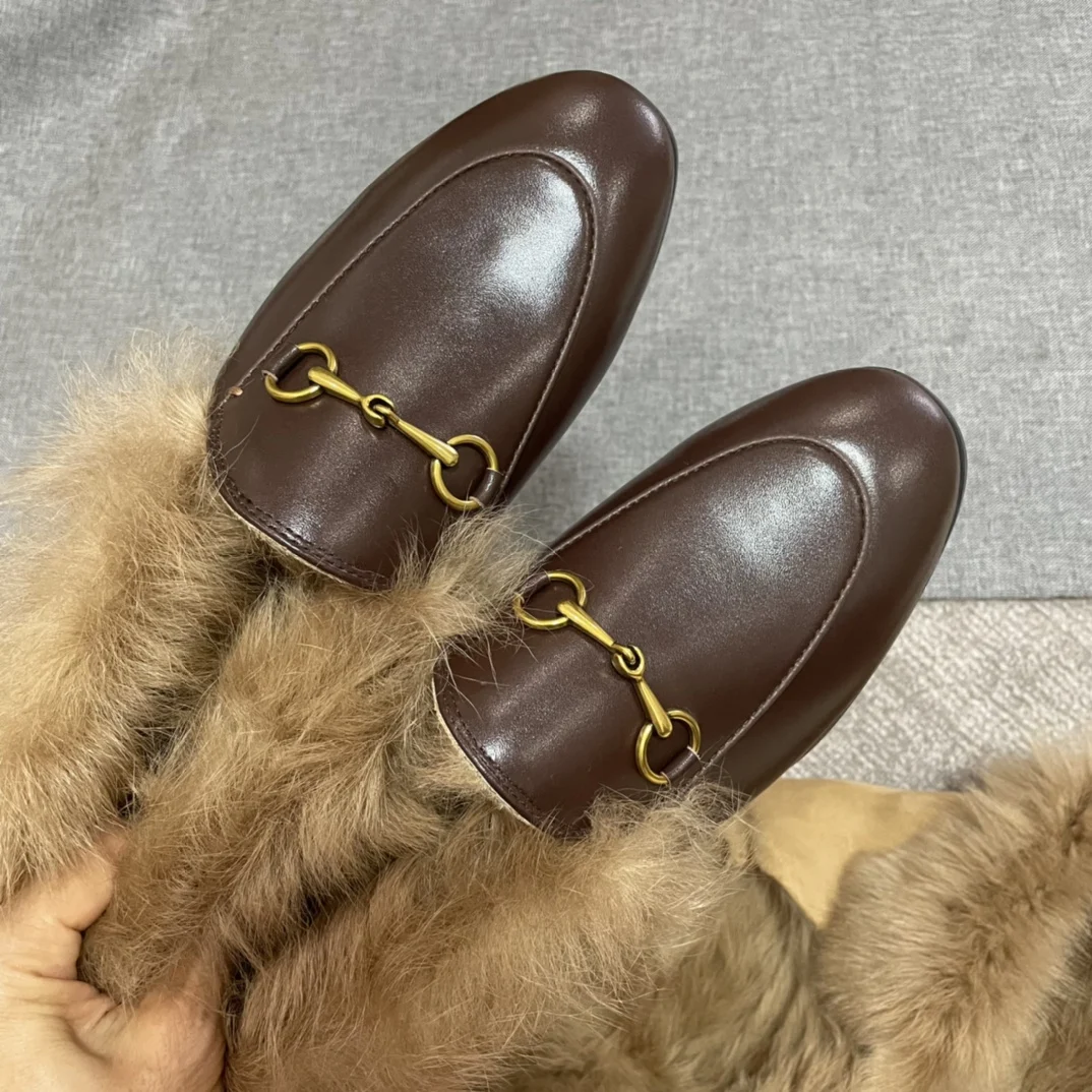 2024 New Summer Round Head Half Slippers Women's Cowhide Fashion INS Casual Lazy Flat Bottom Slippers Wool Breathable Sandals