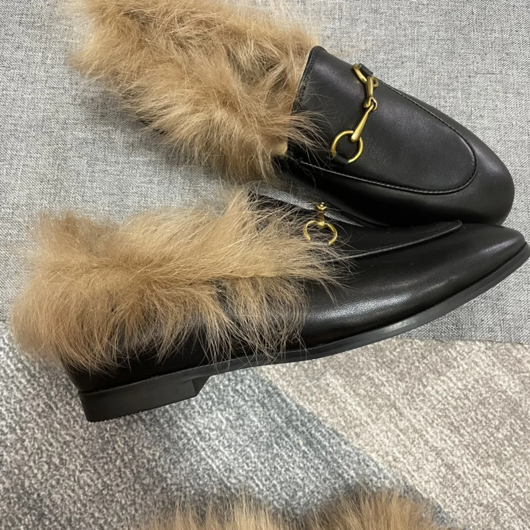 2024 New Summer Round Head Half Slippers Women's Cowhide Fashion INS Casual Lazy Flat Bottom Slippers Wool Breathable Sandals
