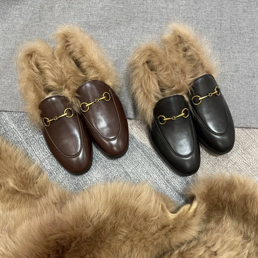2024 New Summer Round Head Half Slippers Women's Cowhide Fashion INS Casual Lazy Flat Bottom Slippers Wool Breathable Sandals