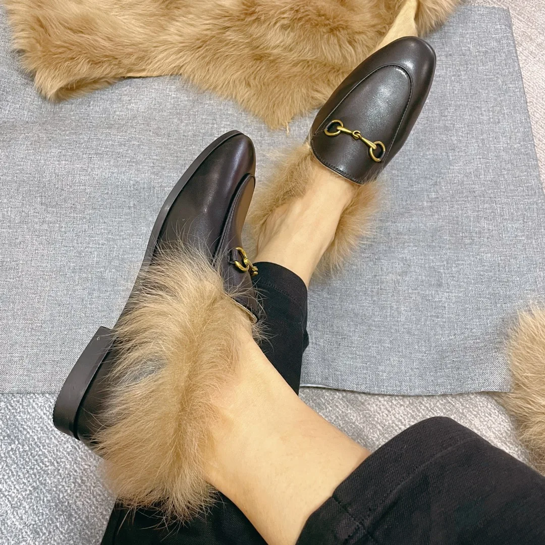 2024 New Summer Round Head Half Slippers Women's Cowhide Fashion INS Casual Lazy Flat Bottom Slippers Wool Breathable Sandals