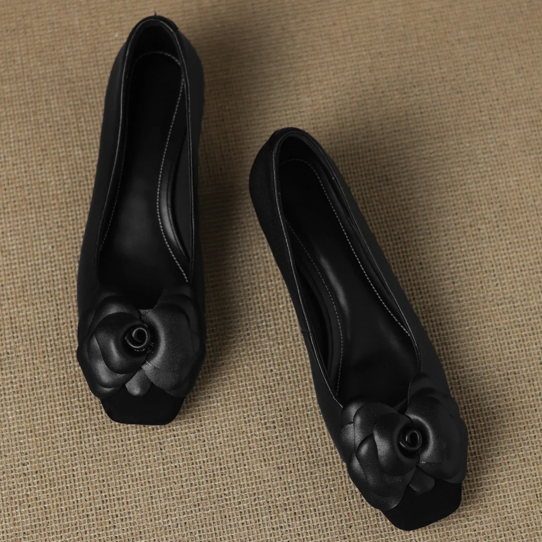 Plus size 34-41 women's sheepskin mix color patchwork slip-on pumps flower decoration OL style daily slim dress heeled shoes hot