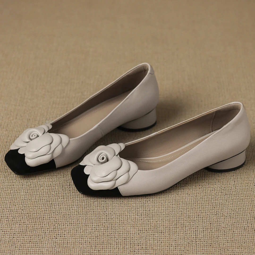 Plus size 34-41 women's sheepskin mix color patchwork slip-on pumps flower decoration OL style daily slim dress heeled shoes hot