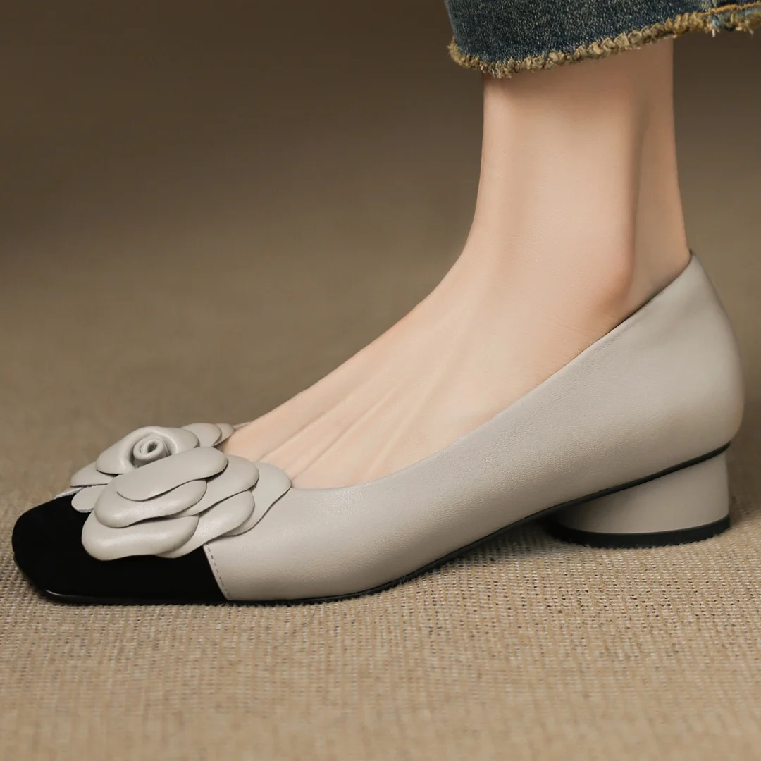 Plus size 34-41 women's sheepskin mix color patchwork slip-on pumps flower decoration OL style daily slim dress heeled shoes hot