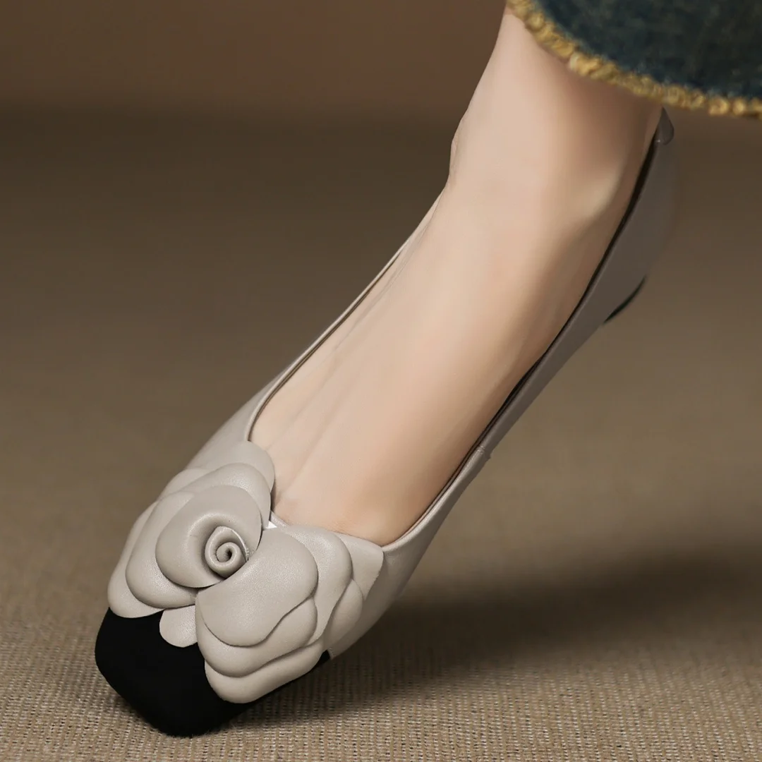 Plus size 34-41 women's sheepskin mix color patchwork slip-on pumps flower decoration OL style daily slim dress heeled shoes hot