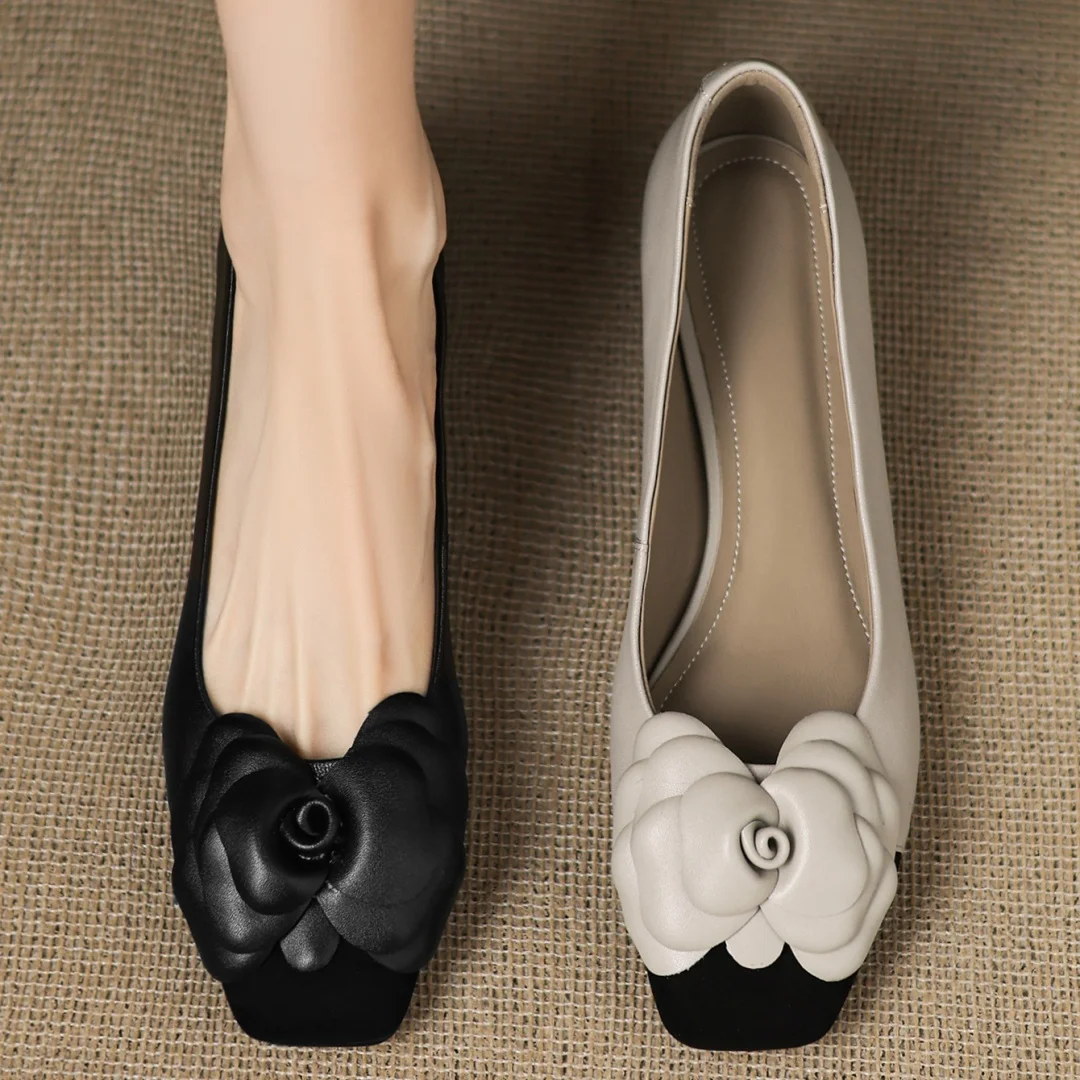Plus size 34-41 women's sheepskin mix color patchwork slip-on pumps flower decoration OL style daily slim dress heeled shoes hot