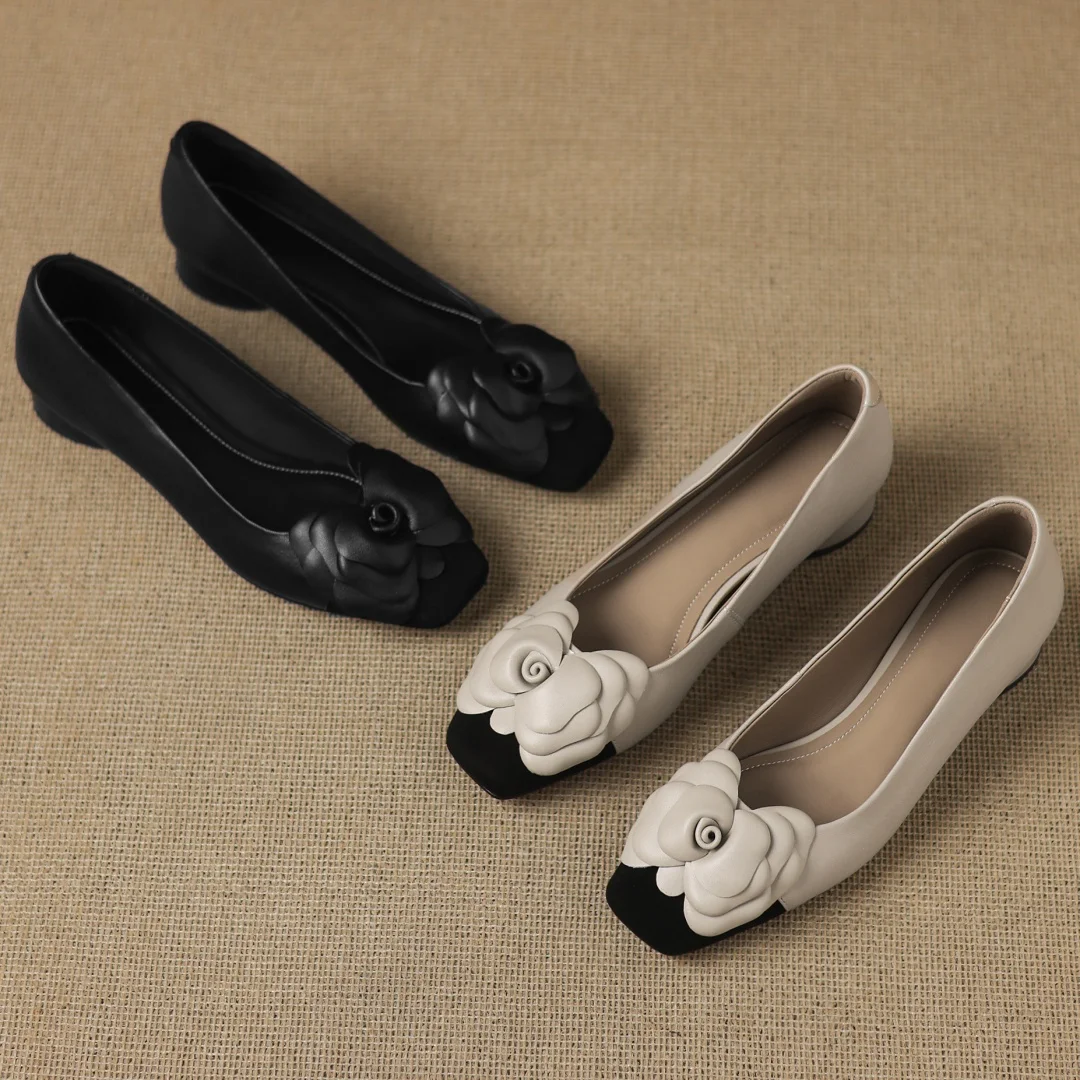 Plus size 34-41 women's sheepskin mix color patchwork slip-on pumps flower decoration OL style daily slim dress heeled shoes hot