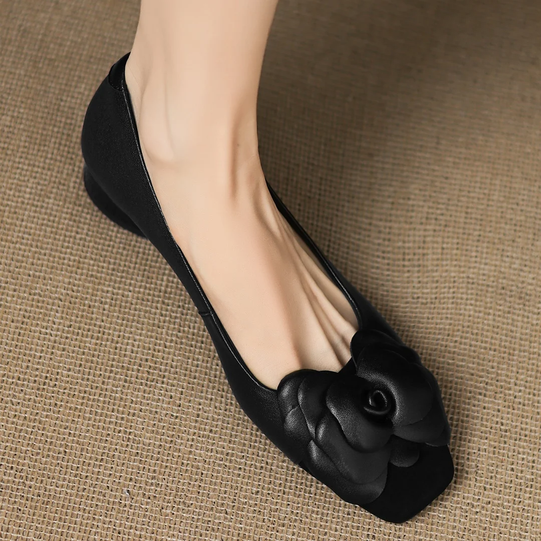 Plus size 34-41 women's sheepskin mix color patchwork slip-on pumps flower decoration OL style daily slim dress heeled shoes hot