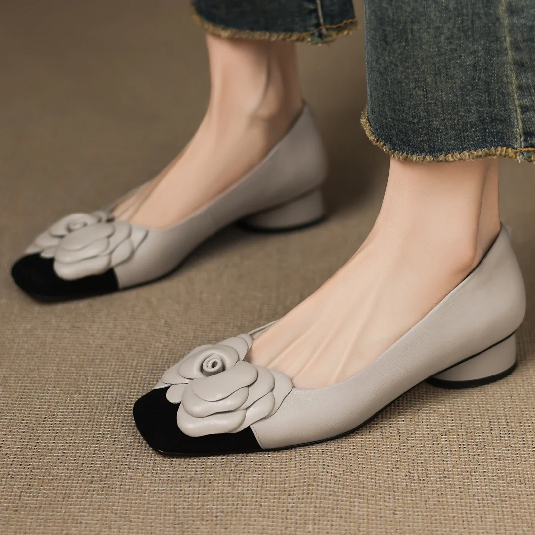 Plus size 34-41 women's sheepskin mix color patchwork slip-on pumps flower decoration OL style daily slim dress heeled shoes hot