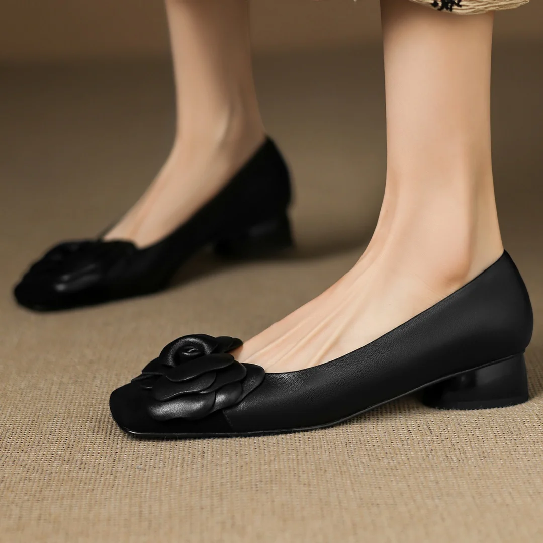 Plus size 34-41 women's sheepskin mix color patchwork slip-on pumps flower decoration OL style daily slim dress heeled shoes hot