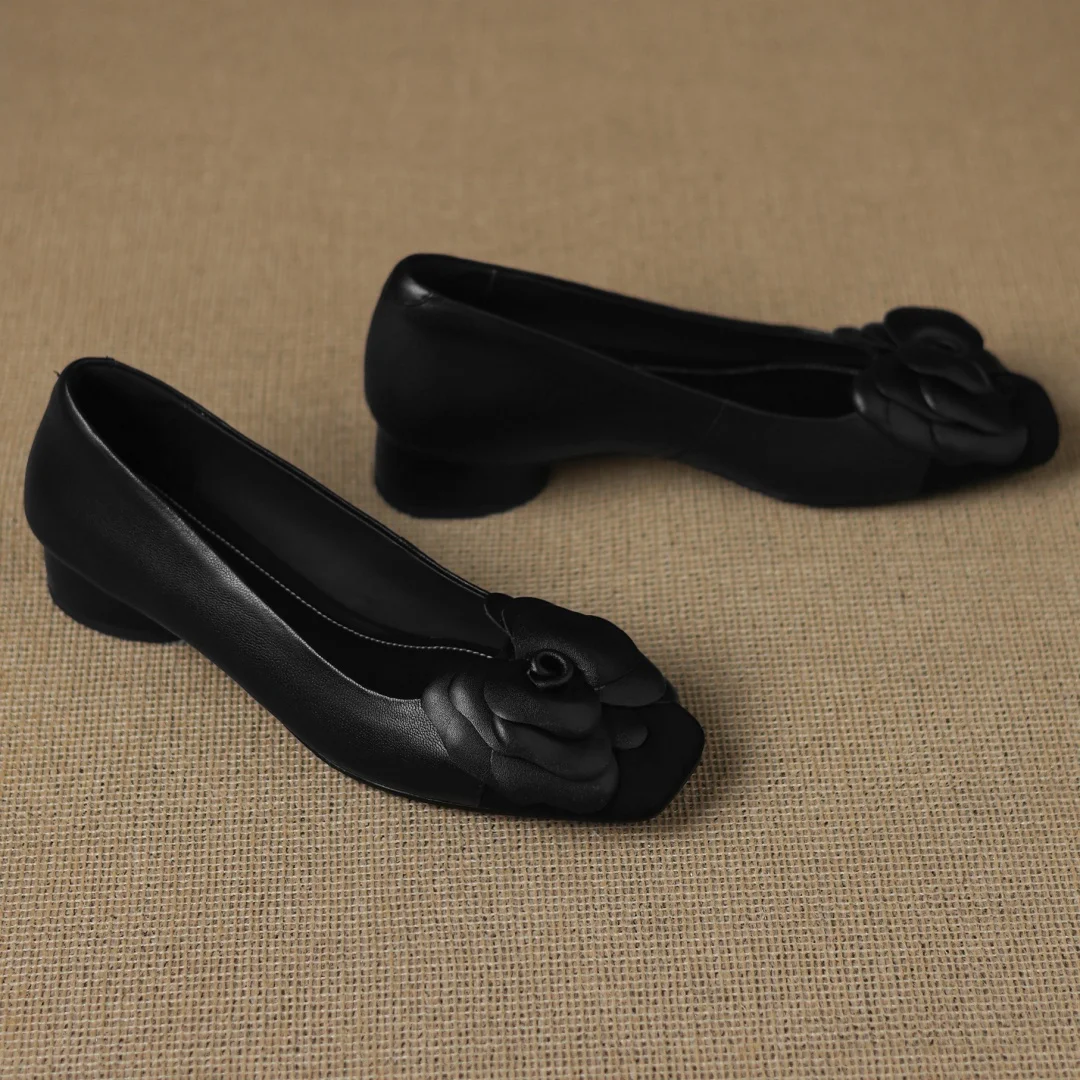 Plus size 34-41 women's sheepskin mix color patchwork slip-on pumps flower decoration OL style daily slim dress heeled shoes hot