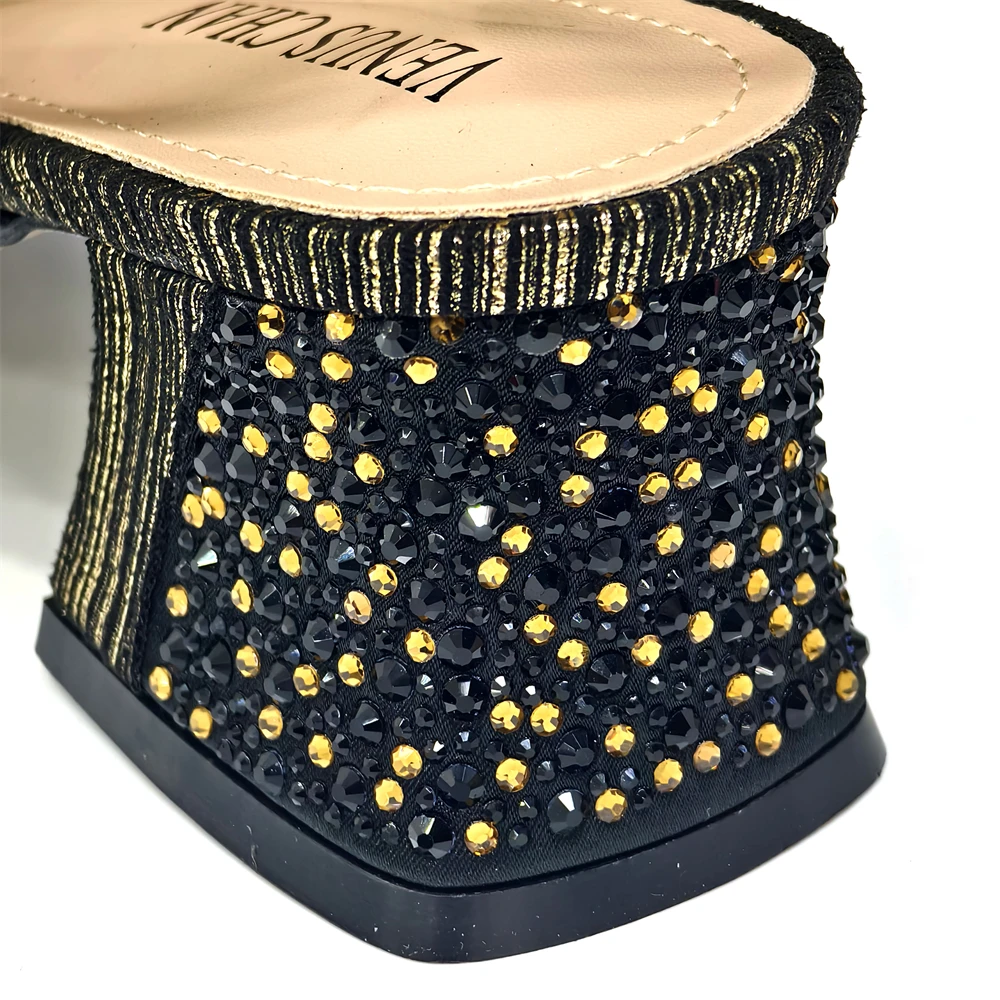 2025 Luxurious Italian Women's Party Shoe and Bag Set – Elegant Black Rhinestone Peep-Toe High Heels Sandals for Weddings