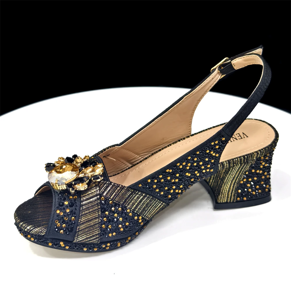 2025 Luxurious Italian Women's Party Shoe and Bag Set – Elegant Black Rhinestone Peep-Toe High Heels Sandals for Weddings