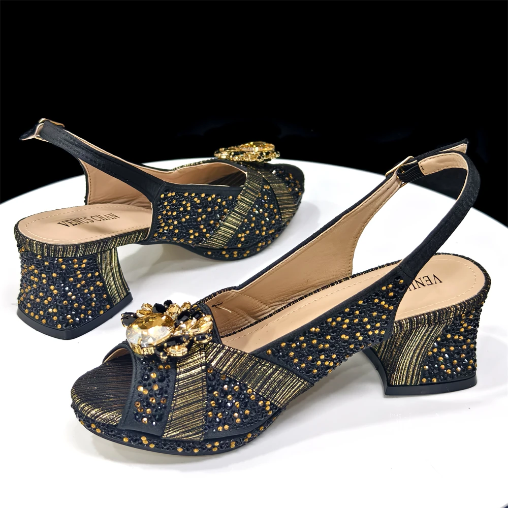 2025 Luxurious Italian Women's Party Shoe and Bag Set – Elegant Black Rhinestone Peep-Toe High Heels Sandals for Weddings
