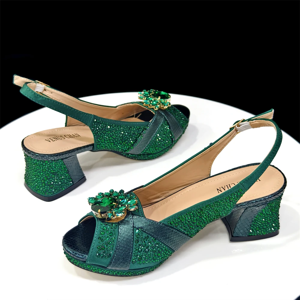 2025 Luxurious Italian Women's Party Shoe and Bag Set – Elegant Black Rhinestone Peep-Toe High Heels Sandals for Weddings