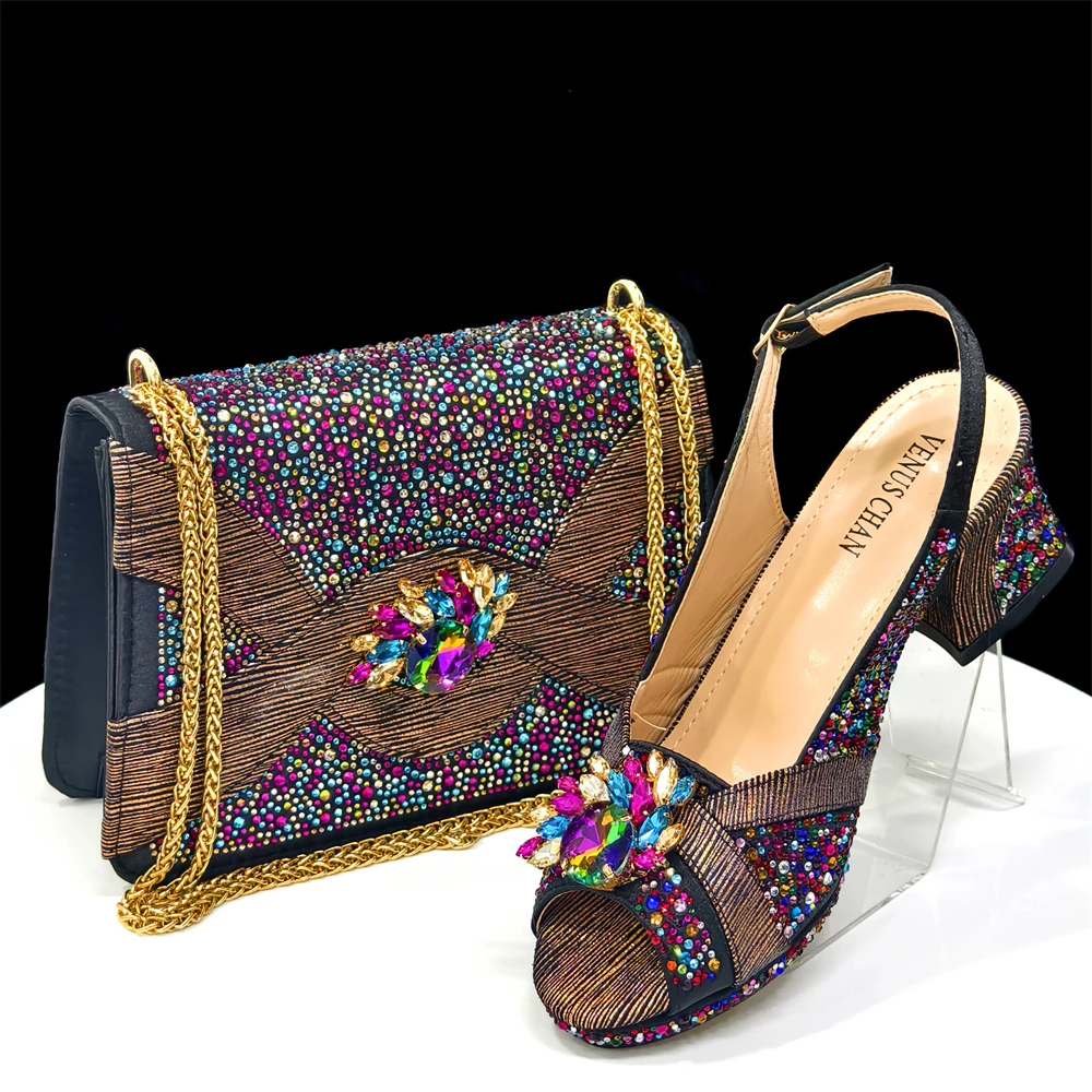 2025 Luxurious Italian Women's Party Shoe and Bag Set – Elegant Black Rhinestone Peep-Toe High Heels Sandals for Weddings