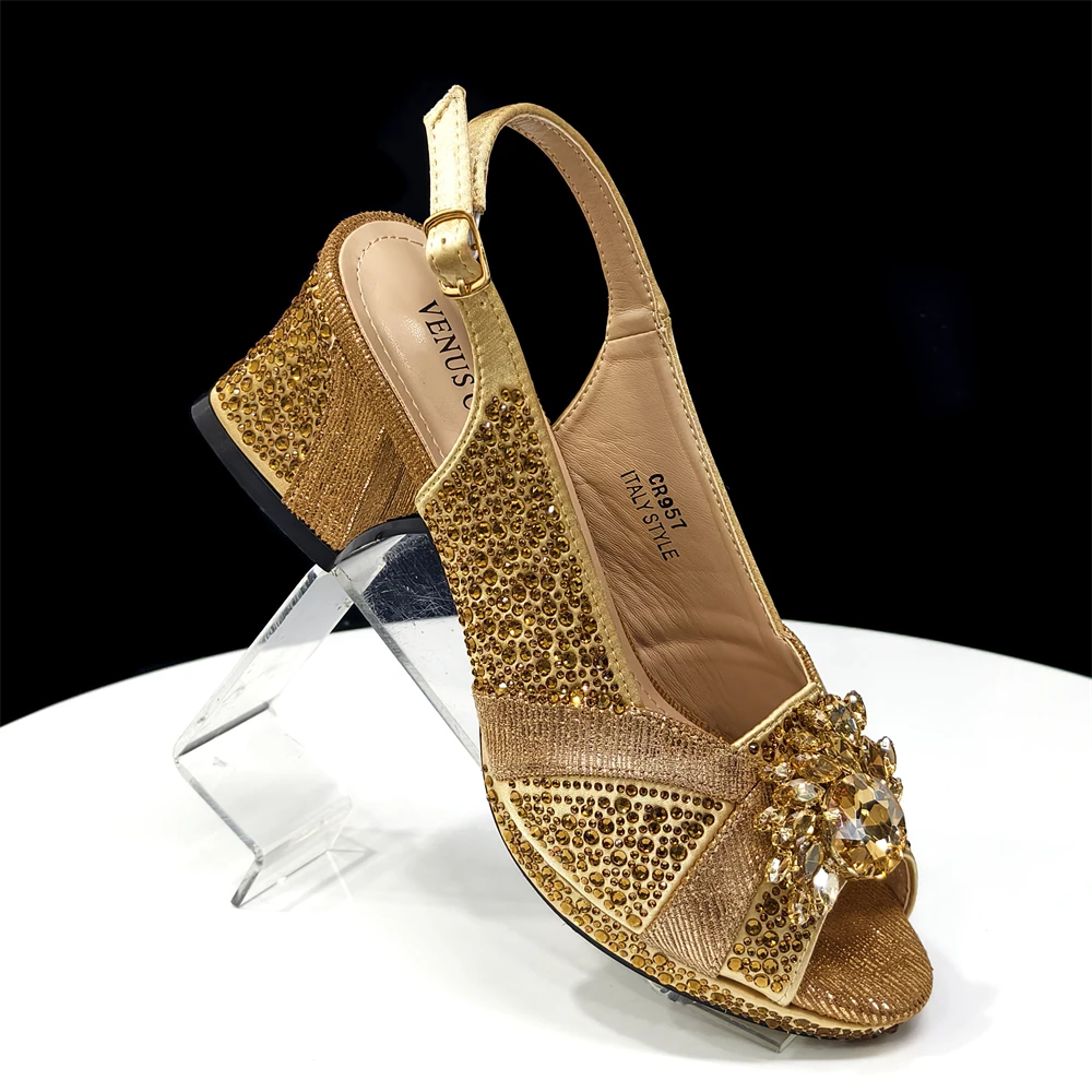 2025 Luxurious Italian Women's Party Shoe and Bag Set – Elegant Black Rhinestone Peep-Toe High Heels Sandals for Weddings