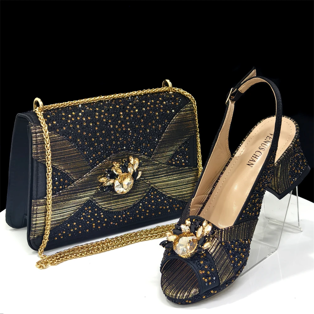 2025 Luxurious Italian Women's Party Shoe and Bag Set – Elegant Black Rhinestone Peep-Toe High Heels Sandals for Weddings