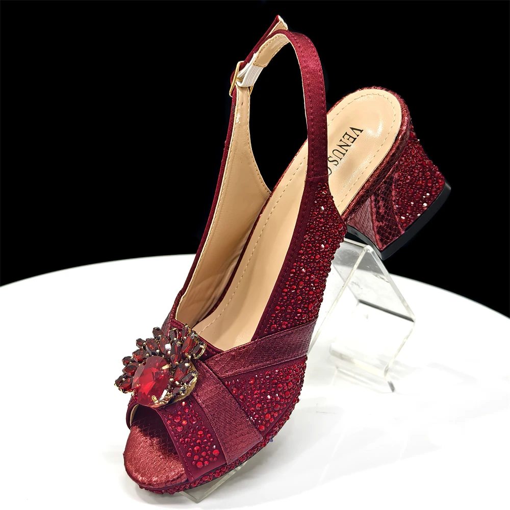2025 Luxurious Italian Women's Party Shoe and Bag Set – Elegant Black Rhinestone Peep-Toe High Heels Sandals for Weddings