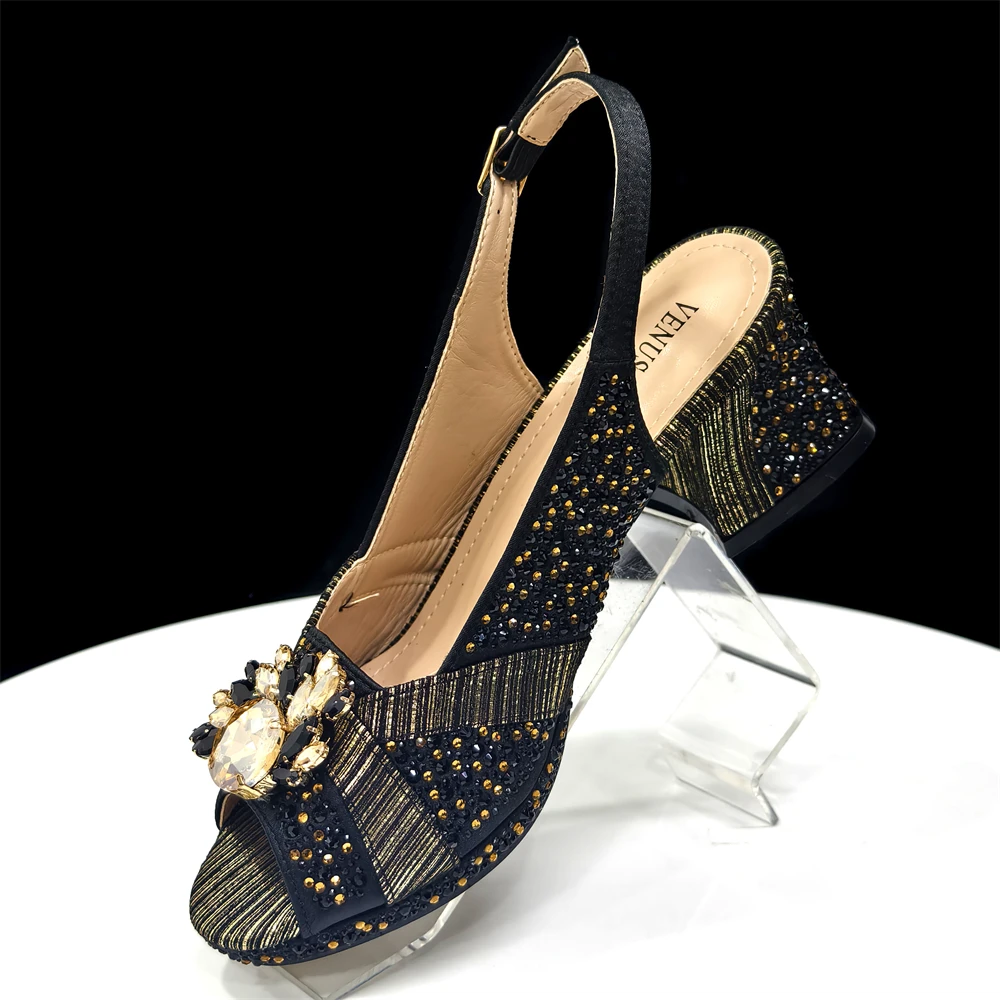 2025 Luxurious Italian Women's Party Shoe and Bag Set – Elegant Black Rhinestone Peep-Toe High Heels Sandals for Weddings