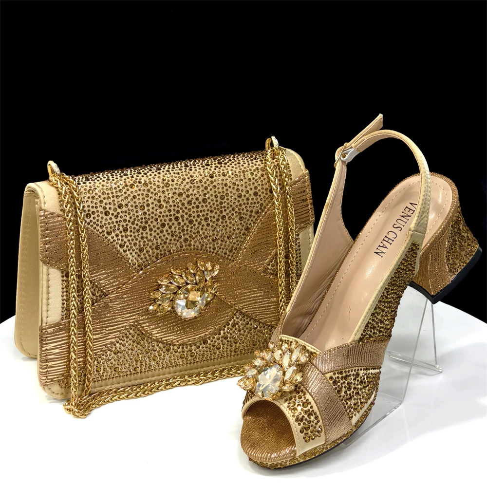 2025 Luxurious Italian Women's Party Shoe and Bag Set – Elegant Black Rhinestone Peep-Toe High Heels Sandals for Weddings
