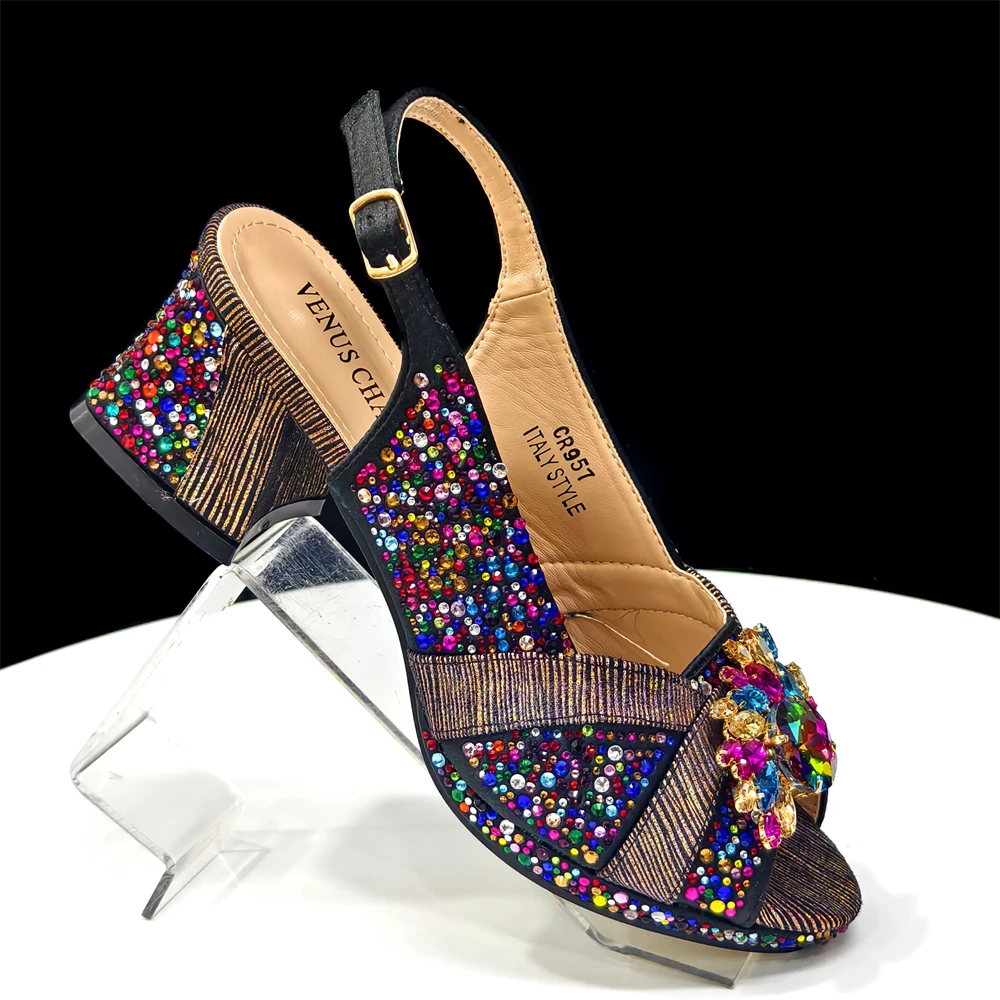 2025 Luxurious Italian Women's Party Shoe and Bag Set – Elegant Black Rhinestone Peep-Toe High Heels Sandals for Weddings