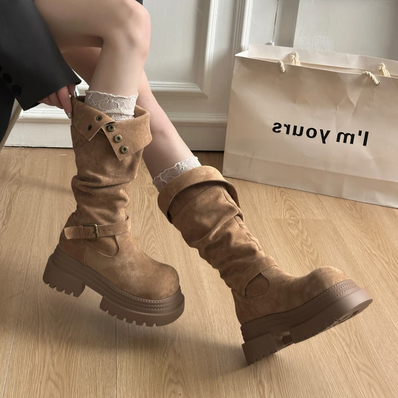 Retro Ruched Leather Long Boots for 2026 Winter, Fashionable and Versatile Style Round Head Platform Thick-soled Women's Boots