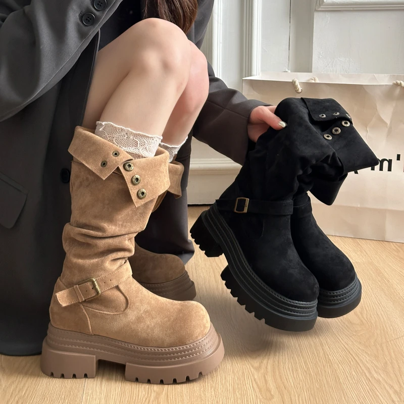 Retro Ruched Leather Long Boots for 2026 Winter, Fashionable and Versatile Style Round Head Platform Thick-soled Women's Boots