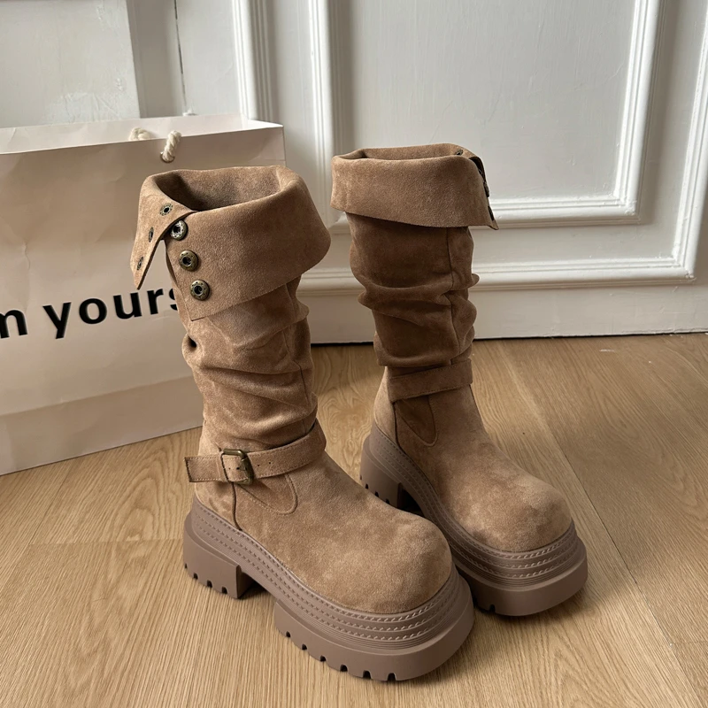 Retro Ruched Leather Long Boots for 2026 Winter, Fashionable and Versatile Style Round Head Platform Thick-soled Women's Boots