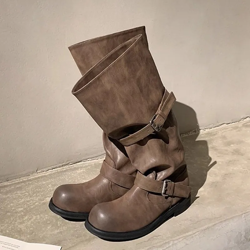 Eilyken Vintage Style Women Knee-High Boots Fashion Round Toe Belt Buckle Shoes Autumn Winter Long Botas Mujer