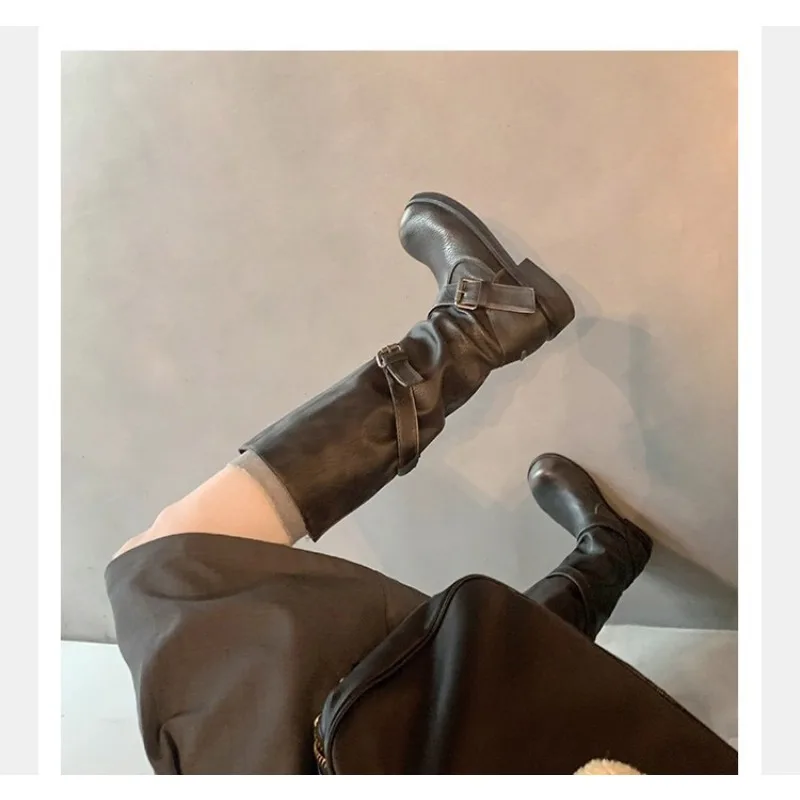 Eilyken Vintage Style Women Knee-High Boots Fashion Round Toe Belt Buckle Shoes Autumn Winter Long Botas Mujer