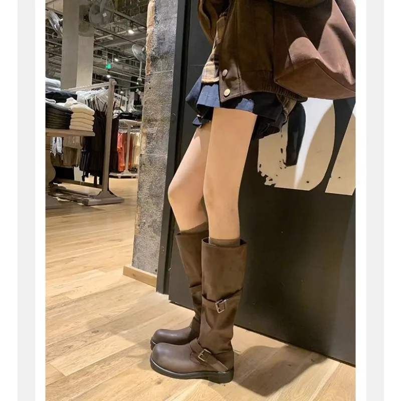 Eilyken Vintage Style Women Knee-High Boots Fashion Round Toe Belt Buckle Shoes Autumn Winter Long Botas Mujer