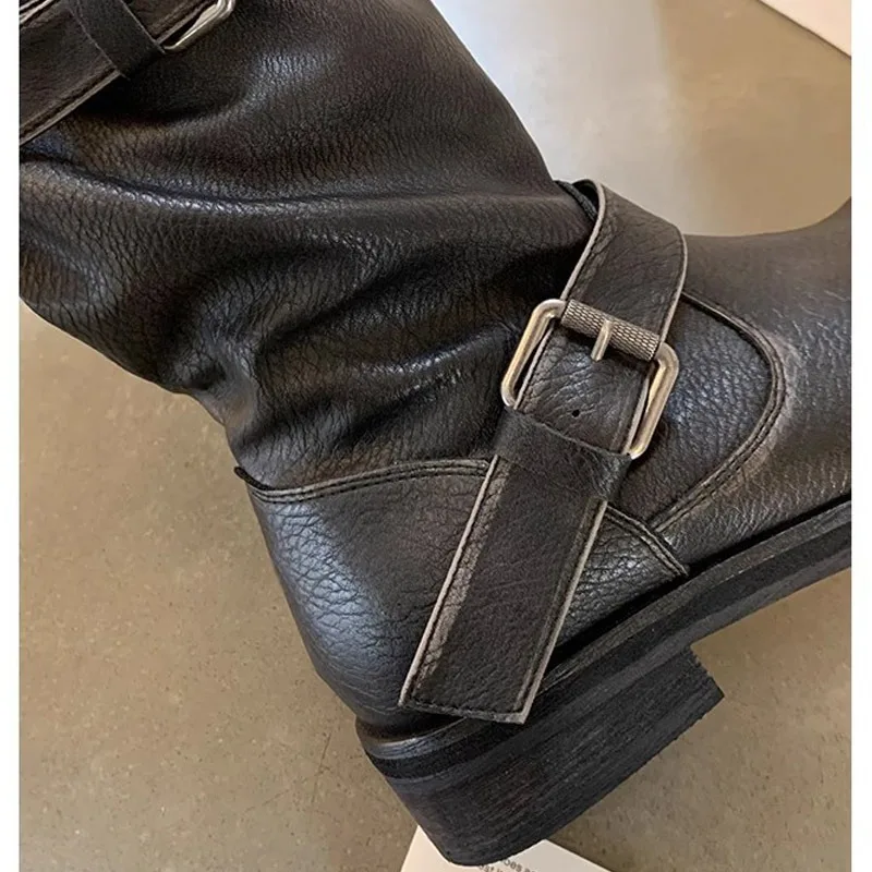 Eilyken Vintage Style Women Knee-High Boots Fashion Round Toe Belt Buckle Shoes Autumn Winter Long Botas Mujer