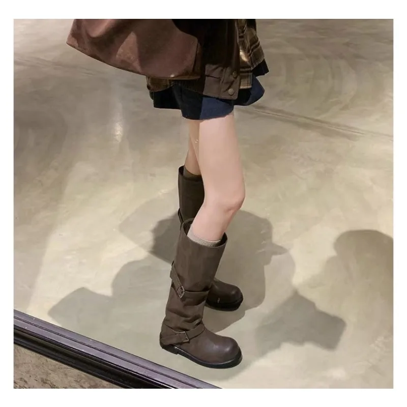 Eilyken Vintage Style Women Knee-High Boots Fashion Round Toe Belt Buckle Shoes Autumn Winter Long Botas Mujer